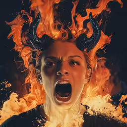 a woman with horns is screaming in flames