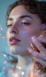 a woman wearing a white skin, lights and nails is holding a light bulb