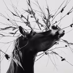 a horse that is near some branches with berries on it