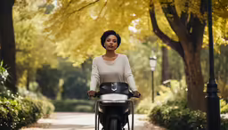 a woman riding on the back of a motor bike