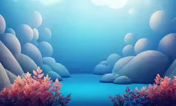 underwater scenery with red seaweed and large rocks