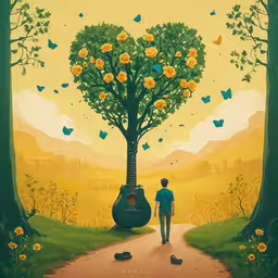 a painting shows a man walking on a dirt path near a tree,a painting of man with a guitar walking towards a tree
