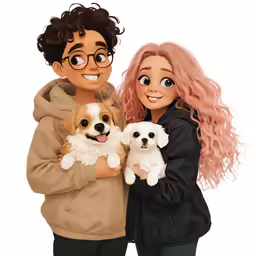a woman with long pink hair holding two small puppies