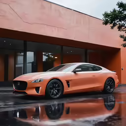 the orange car is parked outside of a building