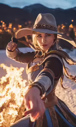 a woman in cowboy attire pointing to the camera