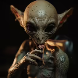 an alien holding a drink up to its mouth