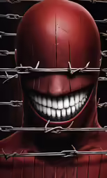a red monster smiling behind razors with his teeth