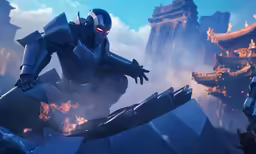 an animated character flying over a city in a video game