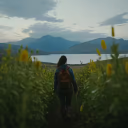 a woman walks through a field of flowers, facing a body of water