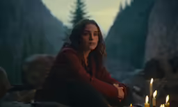 a woman sitting on rocks next to some lit candles