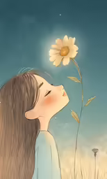 a woman with a flower looking up at the sky