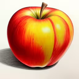 an apple with a shadow on the floor,a drawing of an apple in colored pencil