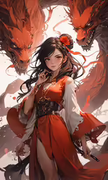 a anime girl in red and white with her hands on her chin