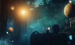 an alien looking man is holding a camera in the middle of a dark night