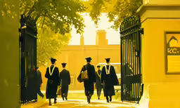 several men in business suits walk near a gate