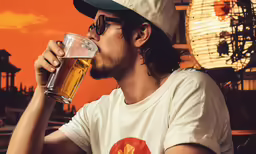 a man is taking a drink out of a mug