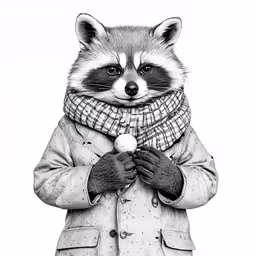 a raccoon in coat and scarf holding a ball