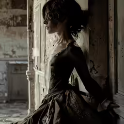 a woman is leaning on the wall in a dress