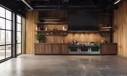 a kitchen with black appliances and lots of cabinets