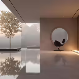 a white tiled floor with a tree next to it