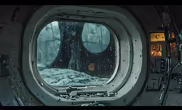 a view from inside the port lock window of an outer world ship