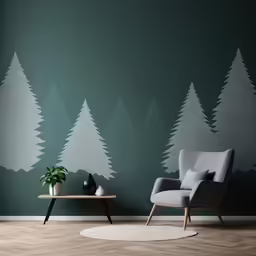 a chair sitting in front of a wall decorated with trees