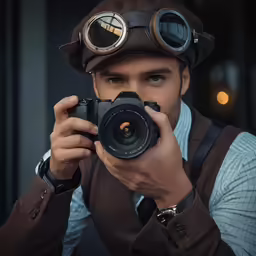 a man wearing a brown vest holds a camera while taking a picture