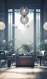 the room has large windows with light coming in