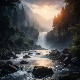 an image of a beautiful waterfall with sunlight coming down