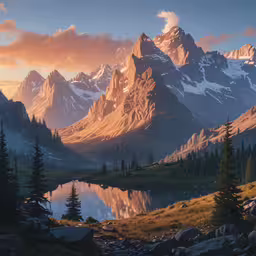 a painting of a mountain peak towering over a lake
