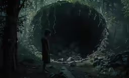 a little boy standing in front of an old forest