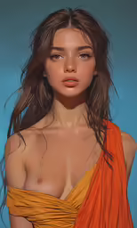 the naked woman has a long, wavy brown hair
