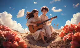 a woman and man sit in the sand together with their instruments