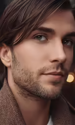 a man is staring at the camera with a blurry background