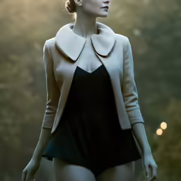 a woman in short, black swimsuit walks down a road