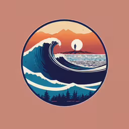 a painting with an image of a surfer riding a wave,a circular graphic piece featuring a surfer on a wave and a man standing in the middle