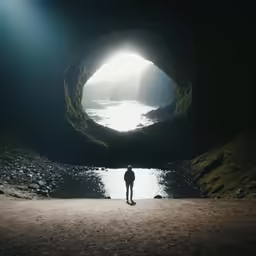 a person standing on the beach near a large rock cave