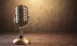 an antique microphone is sitting on the wooden table