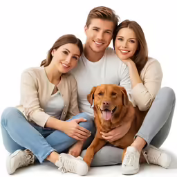 a man and two women sit beside a dog