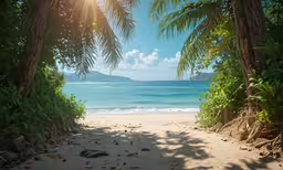 a view of a tropical beach through two trees