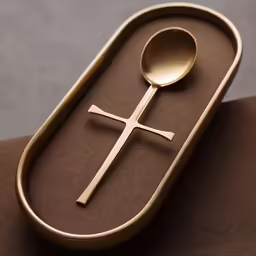 golden metal spoon and cross in a plaque