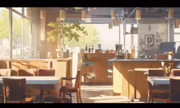 a restaurant with wooden chairs and tables