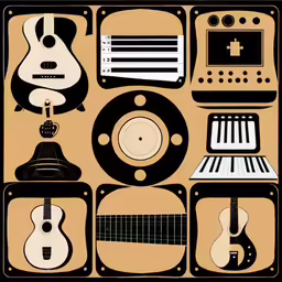 an array of musical instruments and other equipment