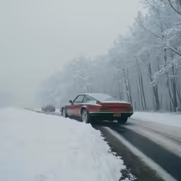 cars driving down a road next to snow covered trees