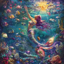 the mermaid is looking into the water and the fishes are swimming around,a painting of a mermaid holding an umbrella under water