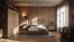 a bedroom with wood paneled walls and a bed