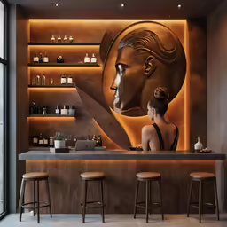 a woman sitting at a bar next to a knife