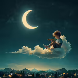 a kid is sitting on a cloud flying in the sky
