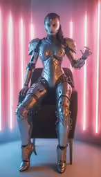 a female robot in a silver suit sitting in a chair