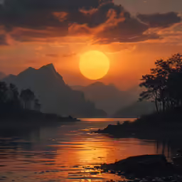 the sun is setting over a calm lake